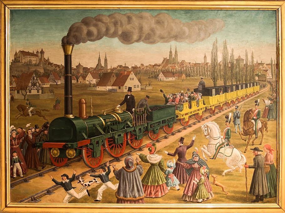 nuremberg, train, railway, rail, service, track, human, activity, painting, architecture