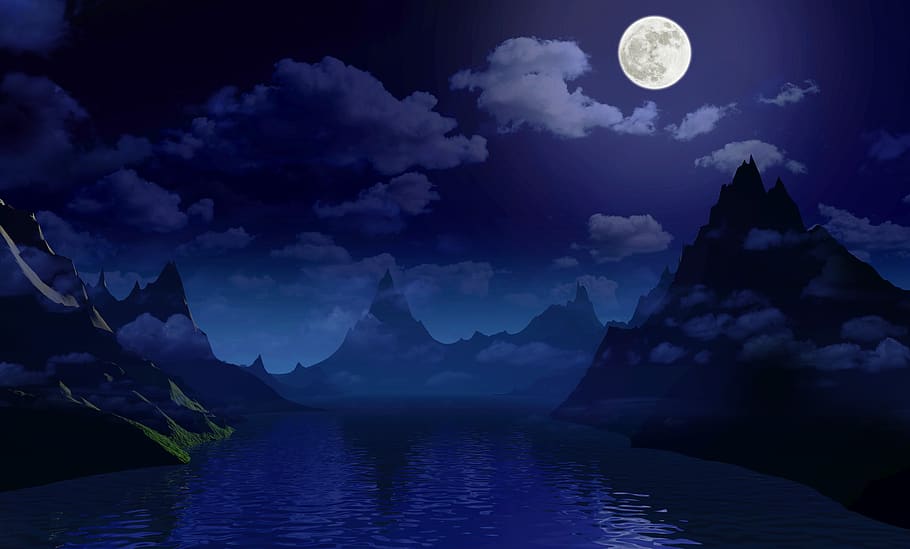 night, moon, light, sky, dark, landscape, fantasy, water, reflection, mood
