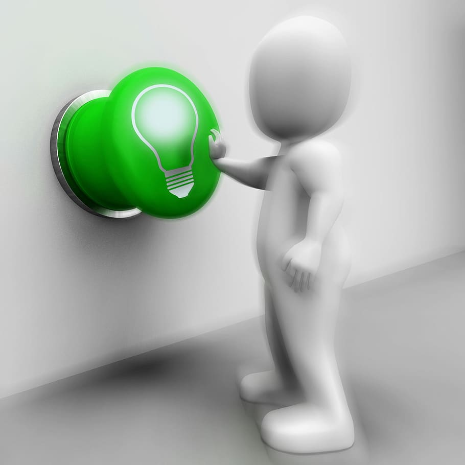 light bulb, pressed, showing, lit, bright, idea, bright idea, bulb, button, electricity