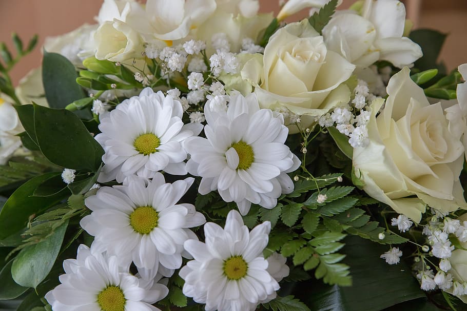 bunga, buket, rouwboeket, romantis, pemakaman, mawar putih, aster putih, buket bunga, tanaman berbunga, kerentanan