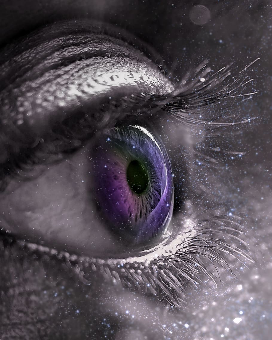 eye, eyeballs, eyebrows, purple, glitters, close-up, human eye, one person, sensory perception, human body part