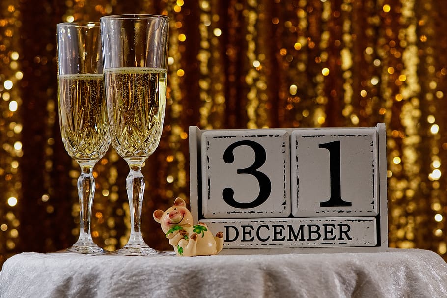 malam tahun baru, hari tahun baru, pesta, sampanye, gelas, berbatasan, keberuntungan, laporan keuangan tahunan, minum, merayakan