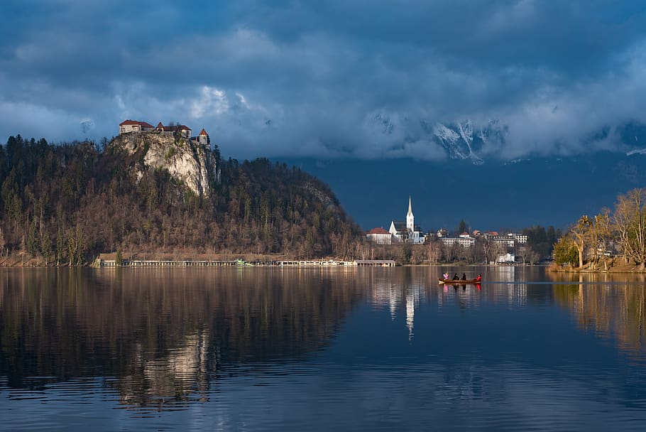 bled, slovenia, castle, body of water, nature, lake, boat, sky, outdoors, sunset