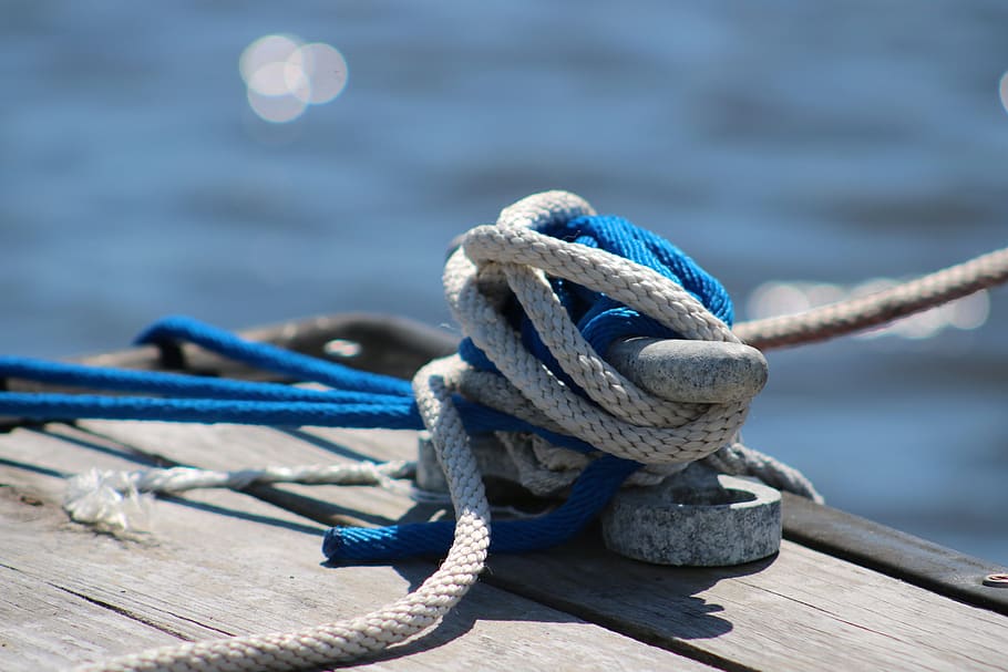 rope, cleat, marina, nautical, tie, dock, knot, blue, white, coast