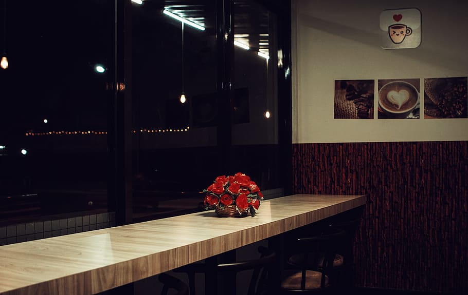 red, flowers, table, wood, apartment, furniture, interior design, lamp, lonely, love