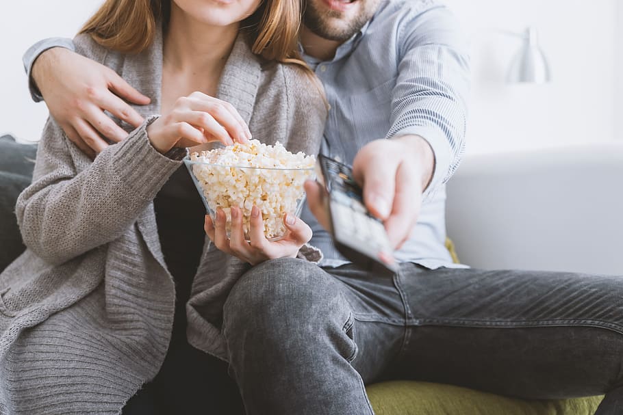 happy, young, couple, relaxing, watching, tv, home, sitting, adult, two people