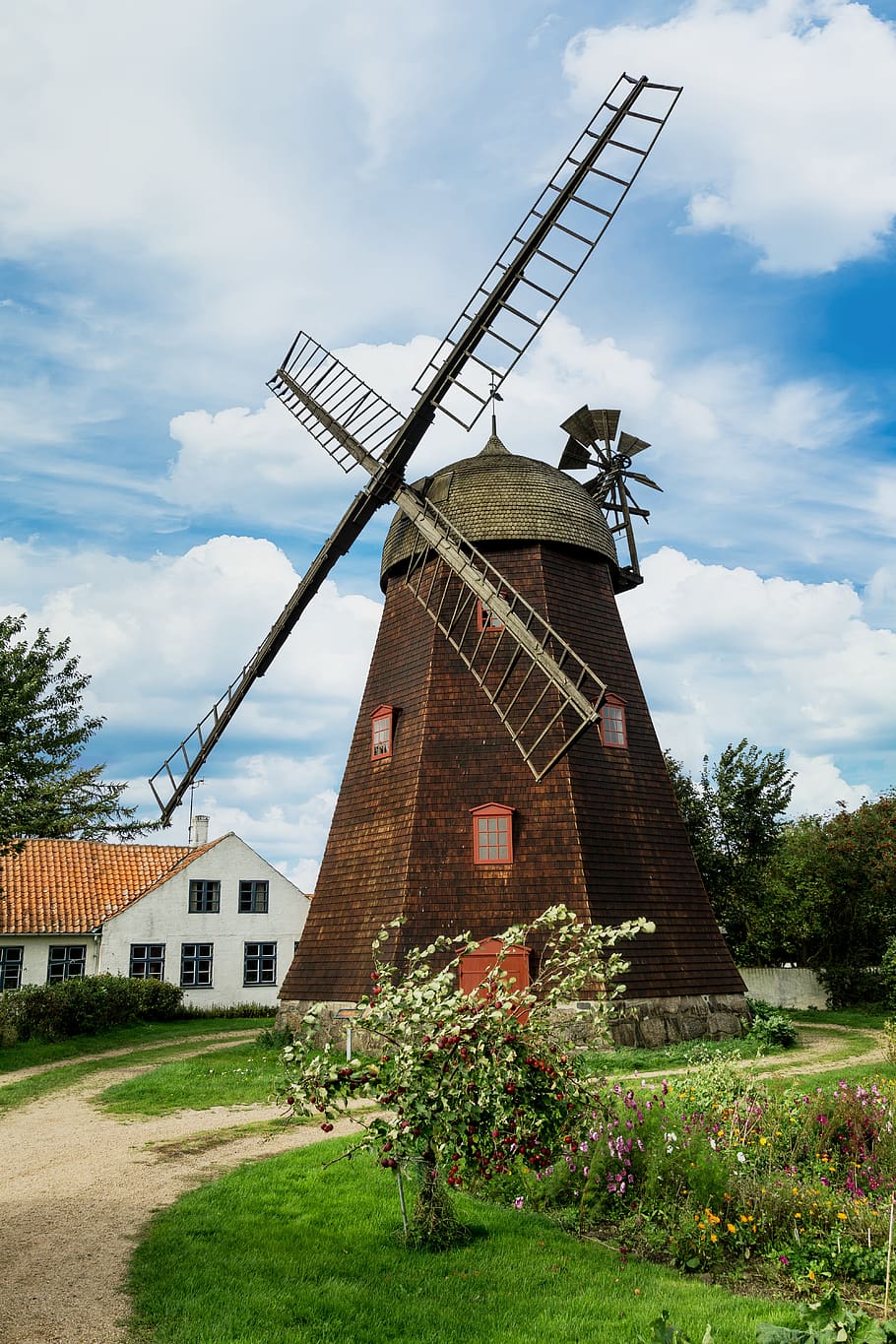 windmill, clouds, house, garden, trees, tower windmill, old, building, architecture, wood