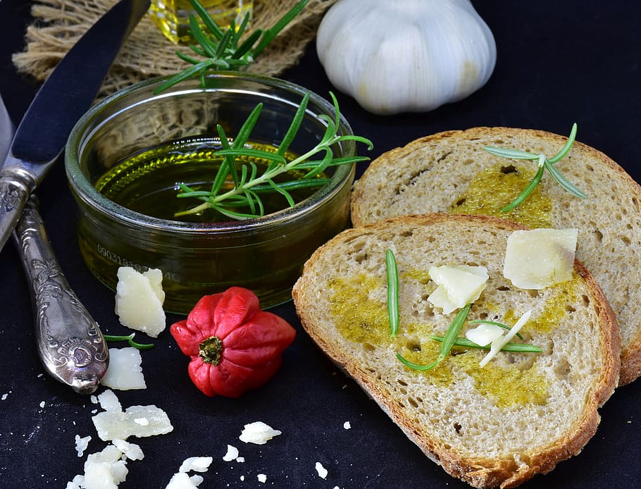 bread, olive oil, garlic, parmesan, food, kitchen, nutrition, mediterranean, eat, snack