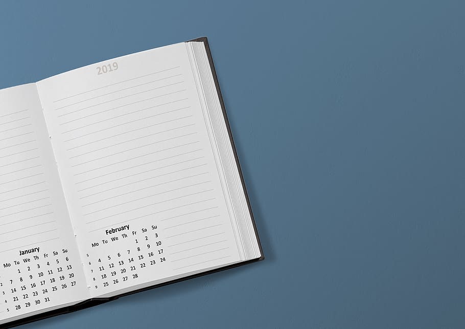calendario, libro, 2019, fecha, enero, febrero, semana, mes, escritorio, agenda