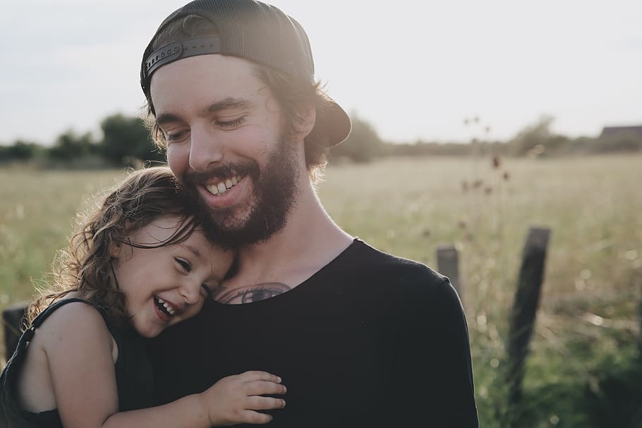 people, father, daughter, smile, happy, hug, carry, love, field, beard