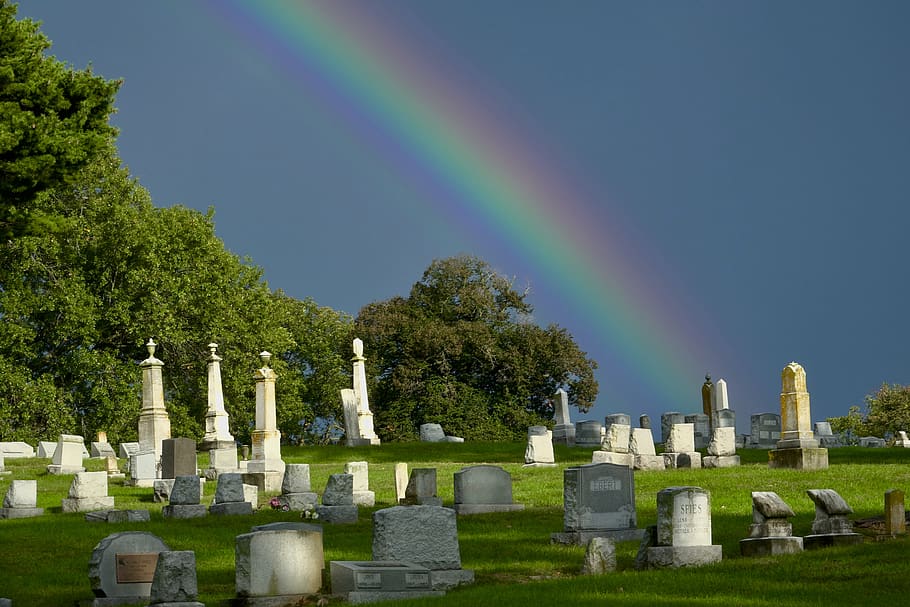 arco iris, cementerio, cielo, afuera, lápida, tumbas, esperanza, lápidas, pacífica, planta