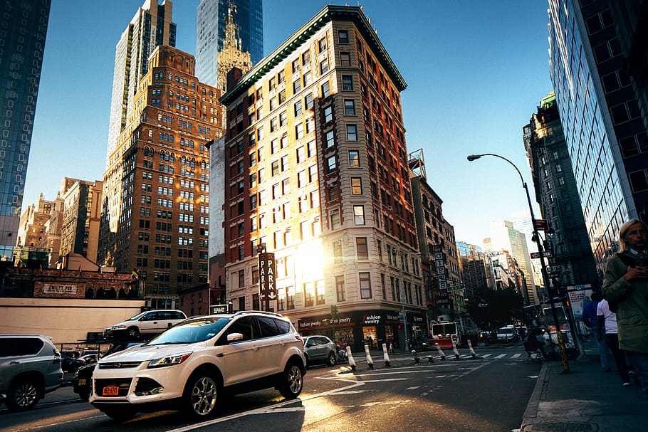 mobil, kota, steet, amerika serikat, ny, new york, sudut, gedung pencakar langit, kantor, bisnis