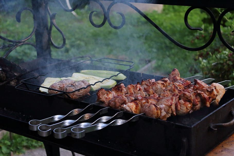 bbq, smoke, flash, heat, picnic, coal, charcoal, shish kebab, cooking, pork
