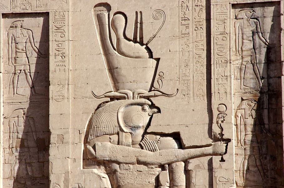 egypt, edfu, temple, divinity, horus, double crown, egyptian god, art, engraving, granite