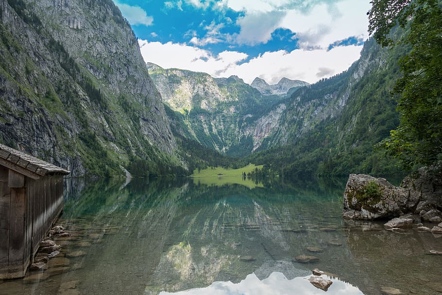 obersee, bayern, landscape, lake, mountains, water, clouds, stone, natural, sky