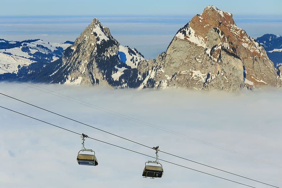 lift kursi, lift ski, kereta gantung, puncak, jurang, batu, Pegunungan Alpen Swiss, Pegunungan Alpen, lanskap, alam