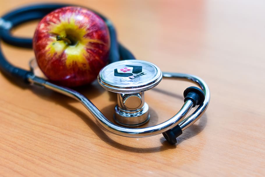 apple, bless you, healthy eating, table, wellbeing, stethoscope, medical instrument, food and drink, fruit, medical supplies