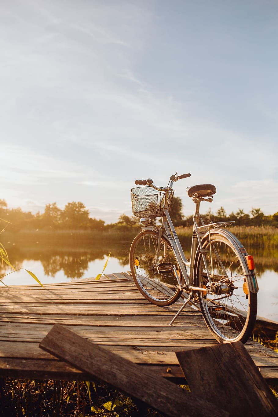 bicicleta, cesta, cais, brilhante, luz do sol, noite, férias, ao ar livre, pôr do sol, viagem