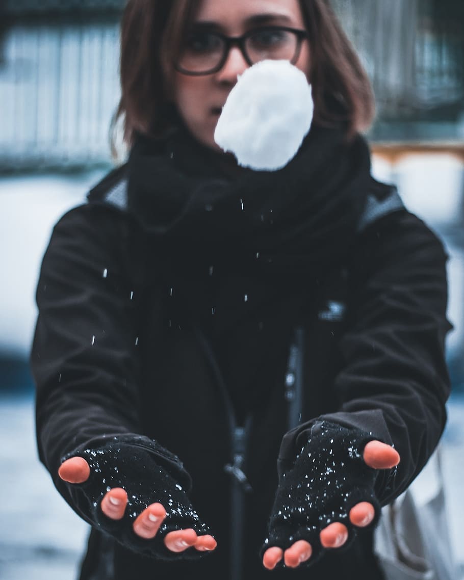 woman, catching, snowball, cold, frozen, ice, snow, people, person, glasses