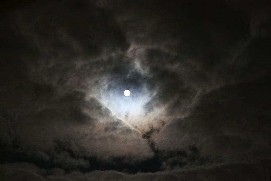 lua, noite, nuvens, luar, escuro, lua cheia, misterioso, atmosfera, céu, céu noturno
