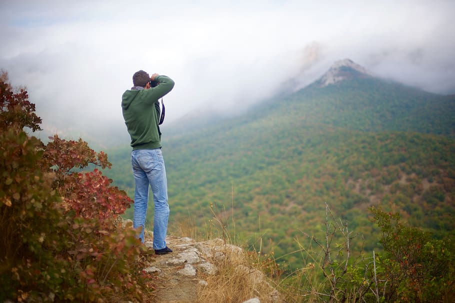 Rusia, Crimea, naturaleza, fotógrafo, otoño, montañas, niebla, hombre, panorama, borde