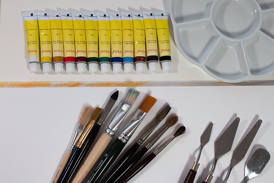 cat, atelier, pelukis, hobi, kuas, warna, cat akrilik, spatula, papan gambar, persiapan