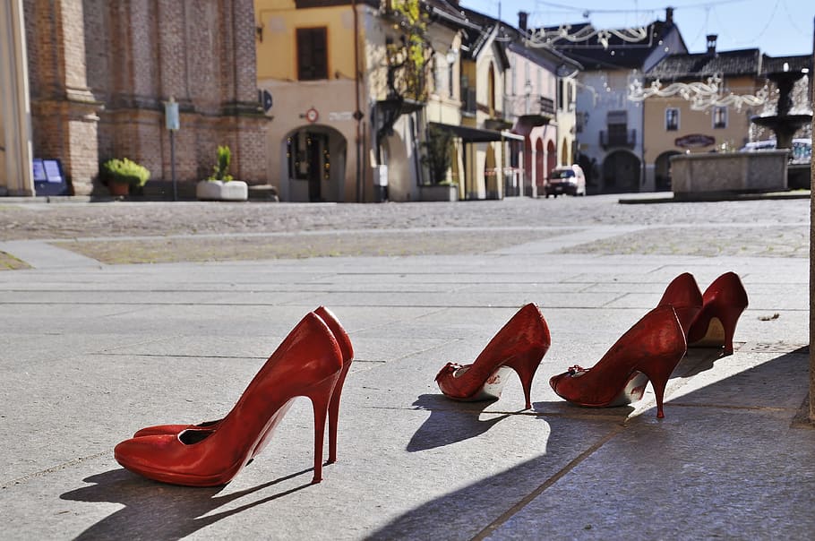 violence women, red shoes, symbol, symbolic, humiliation, suffering, built structure, architecture, city, building exterior