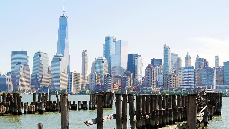 lower, manhattan skyline, seen, liberty state park, new, jersey., architecture, cityscape, harbor, water