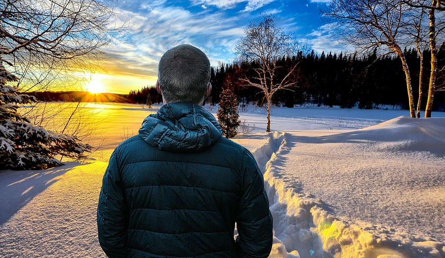 photo illustration, man, walking, snowy, winter landscape, sunrise, winter, landscape, sunset, cold