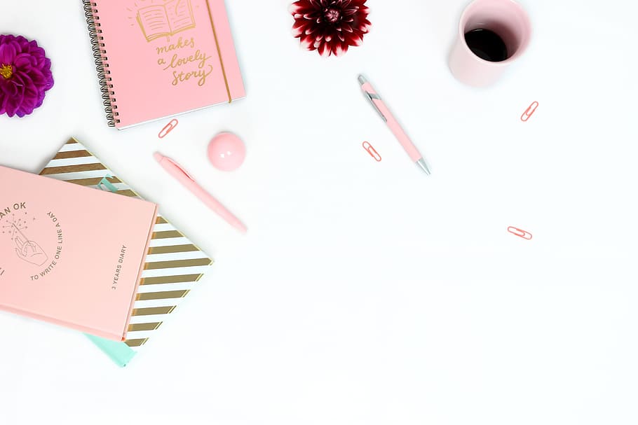 workplace, desk, feminine, notes, notebooks, diary, pens, pink cup, pink diary, gold diary