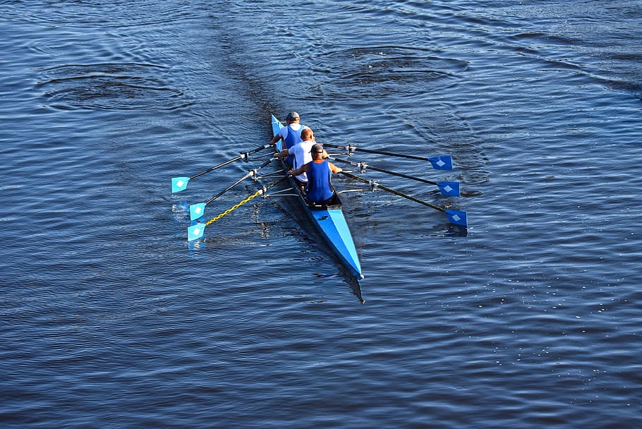 canoe, rowers, rowing, sport, training, recreational, competition, person, man, three men in a boat
