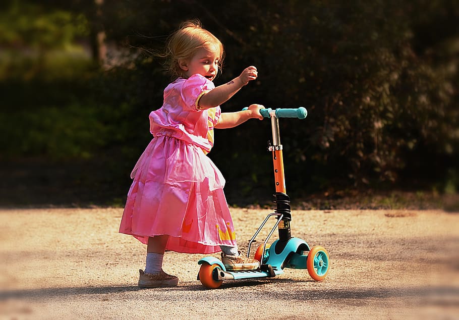 child, little girl, person, cute, kick scooter, happy, childhood, summer, full length, girls