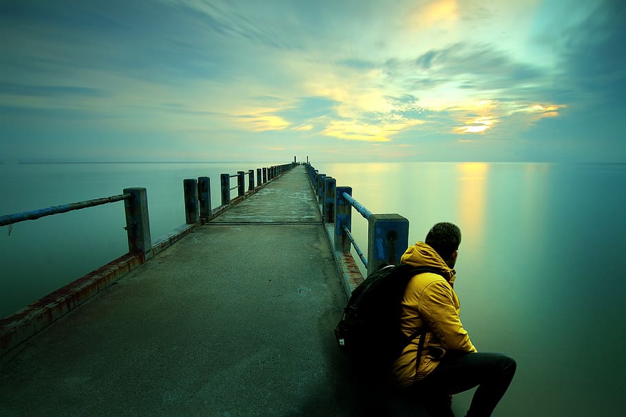 thinking, sitting, beach, sunset, watching, ocean, guy, man, dusk, seascape