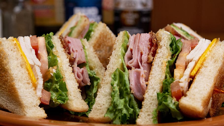 sándwich club, sándwich, almuerzo, pan, delicioso, comida y bebida, comida, emparedado, alimentación saludable, carne