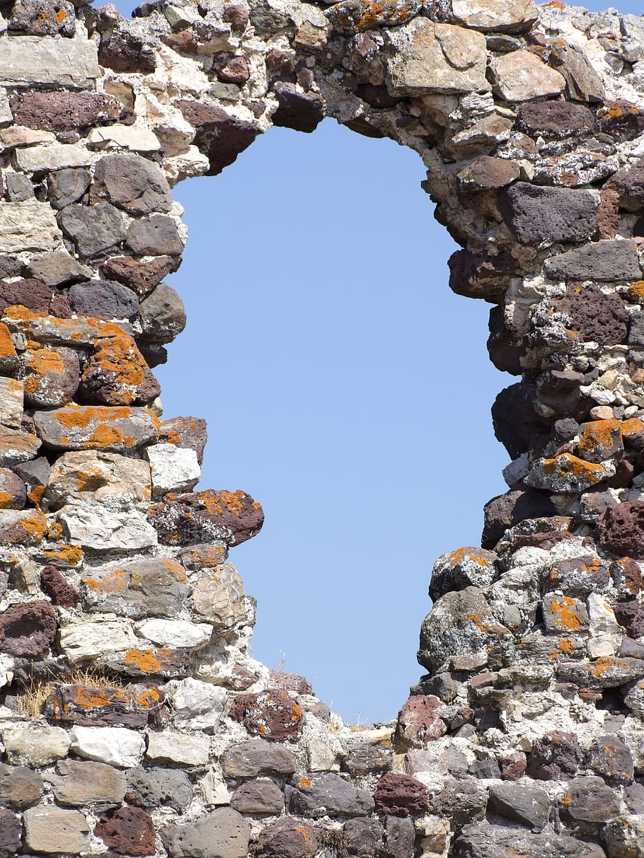 hole, wall, pierre, clear sky, solid, sky, day, rock, low angle view, nature