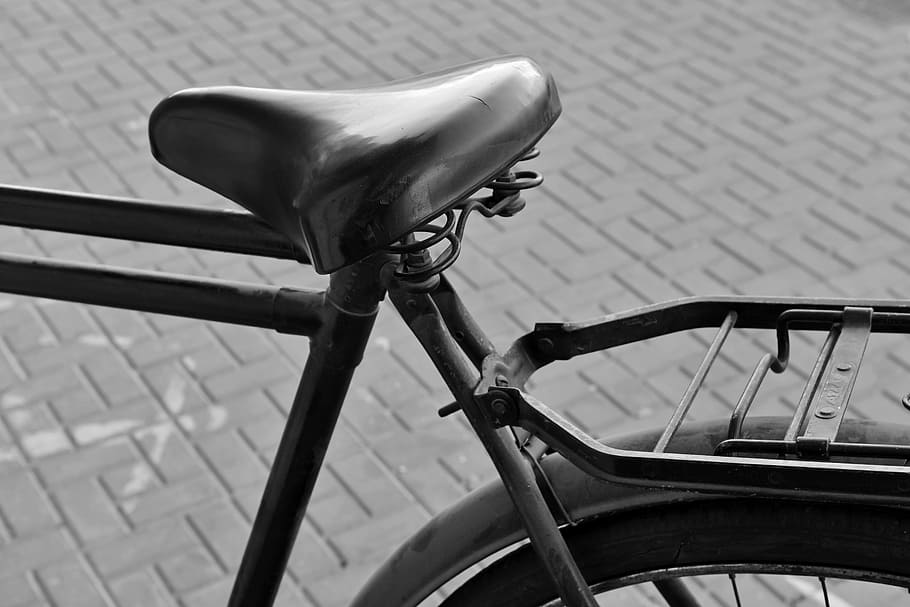 retrô, bicicleta, rua, cidade, clássico, vintage, assento, roda, pneu, preto e branco