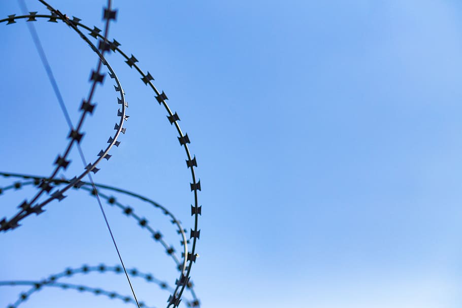 sky, wire, fence, protection, metal, blue, clear, sunny, safety, security