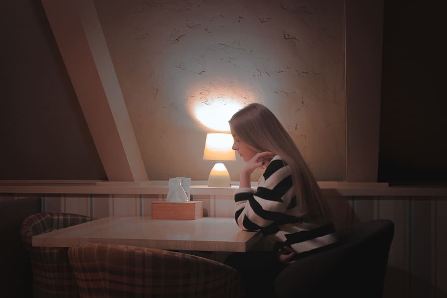 girl, interior, café, lamp, light, random, beauty, one person, sitting, indoors