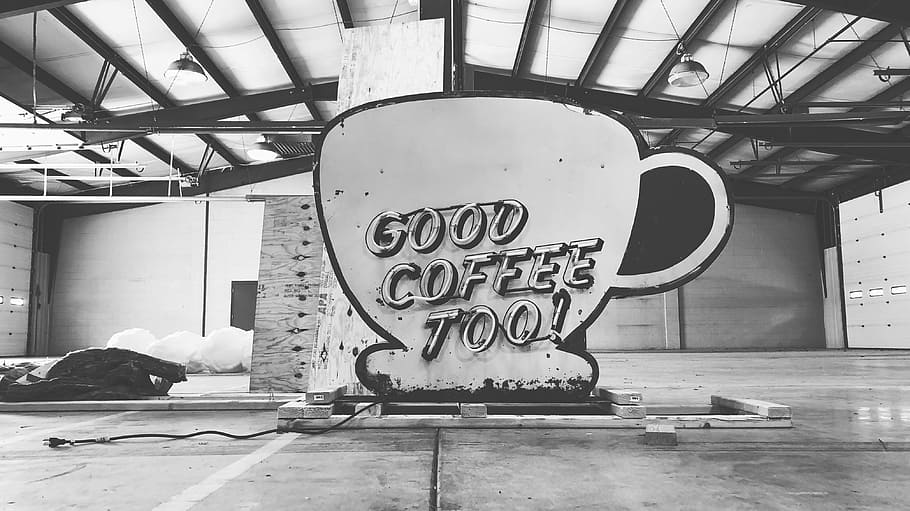 Coffee, sign, neon, warehouse, black and white, art, design, good coffee, typography, text