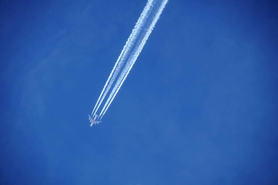 céu, azul, condensação, linhas, produtos de combustão, aeronaves, moscas, contrail, veículo aéreo, avião