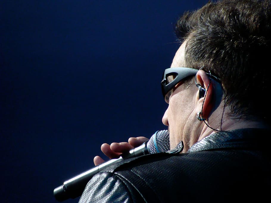 person, singer, microphone, bono, u2, blue, sunglasses, glasses, singing, guitarist
