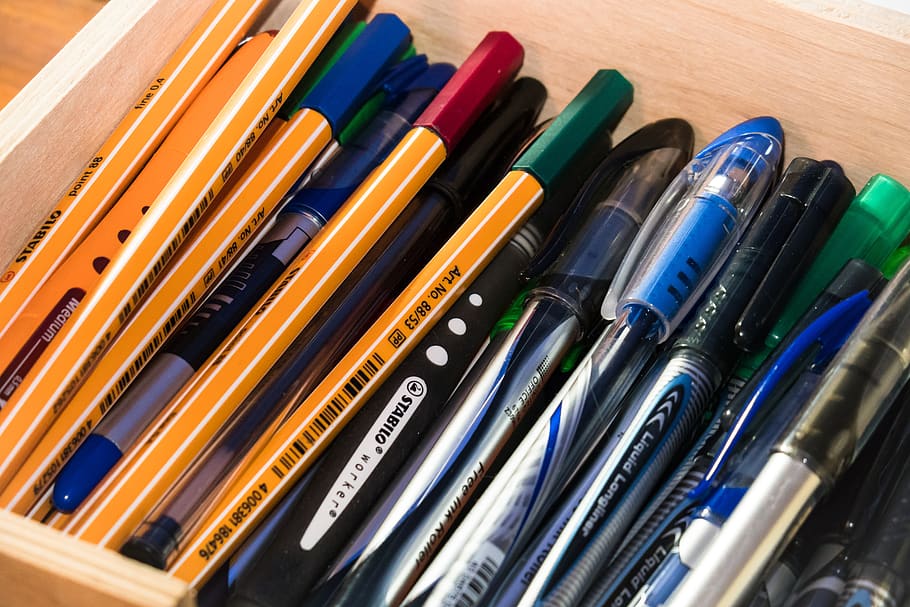 canetas, escrever, desenhar, pintar, caixa de caneta, caixa, mesa, trabalho, escritório, local de trabalho
