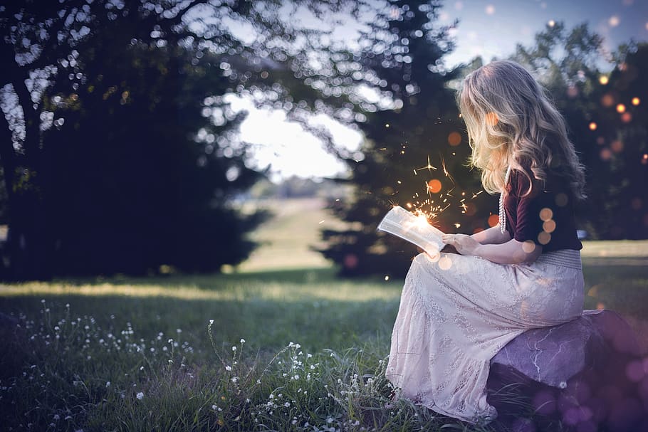 book, girl, magic, fairy tales, dream, nature, read, fee, fantasy, glowworm
