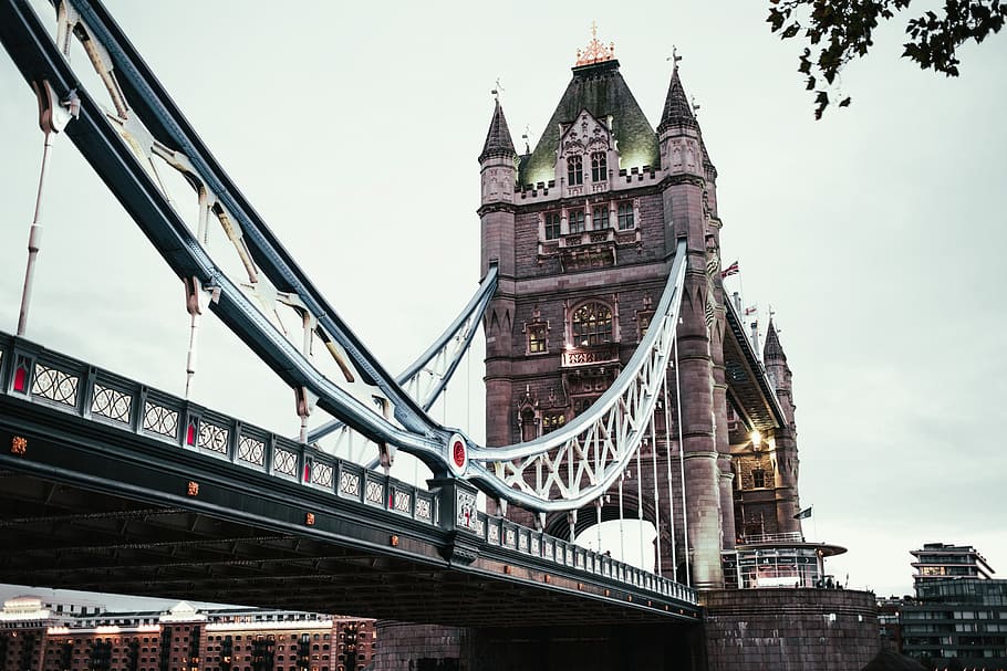 jembatan menara london, matahari terbenam, diterangi, lampu, arsitektur, jembatan, Inggris, ibukota, awan, jembatan gantung