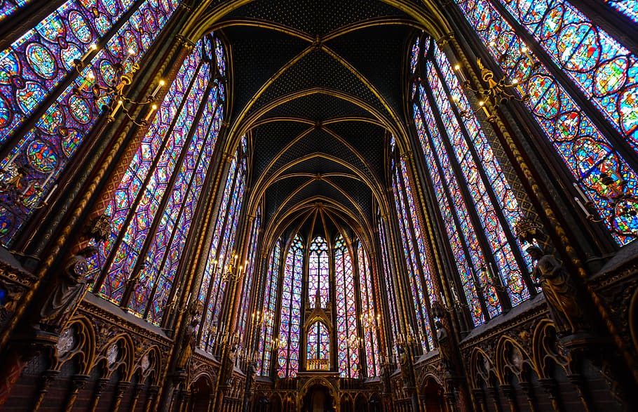 church, cathedral, gothic, architecture, religion, st chapelle, paris, france, stained glass, windows
