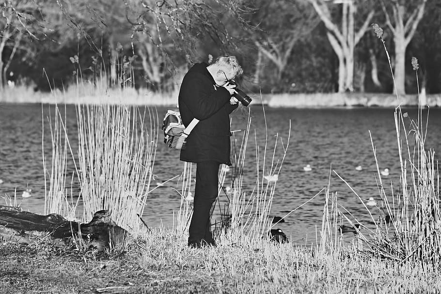 man, photographer, standing, checking camera, bag, river bank, reeds, real people, plant, one person