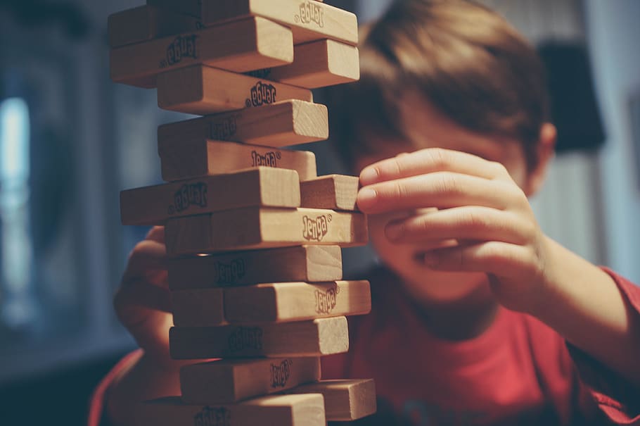 jenga, game, play, hand, boy, kid, child, leisure activity, one person, stack