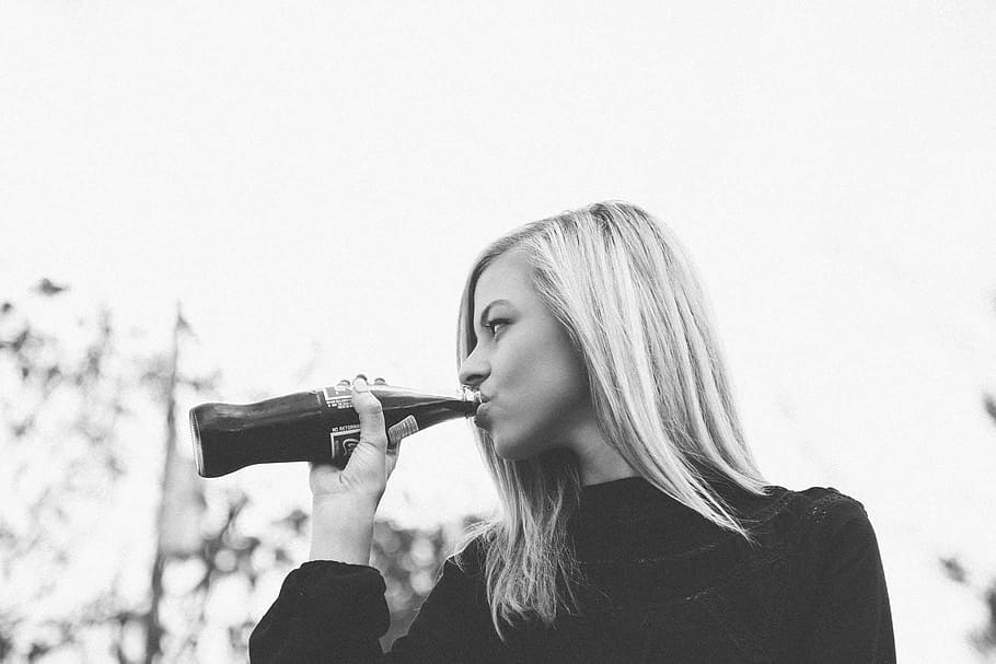 enjoying a coke, black, black and white, bottle, coca cola, coke, cola, drink, person, refreshing