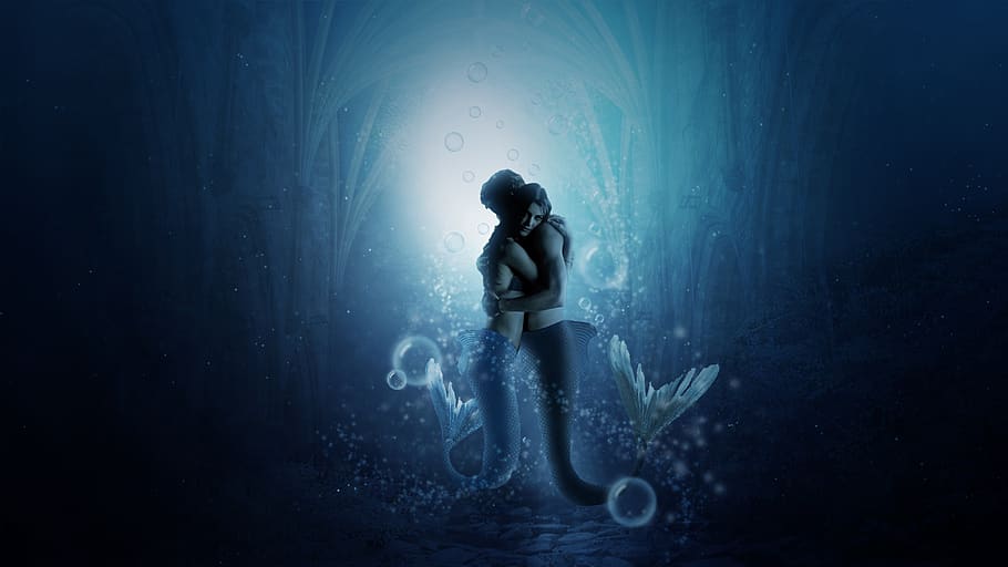 mermaid, underwater, sea, couple, embrace, fantasy, bubbles, love, water, one person