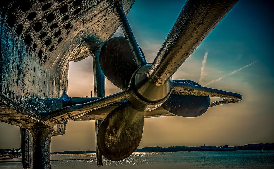 u boat, propeller, screw, drive, steel, metal, old, sea, coast, baltic sea